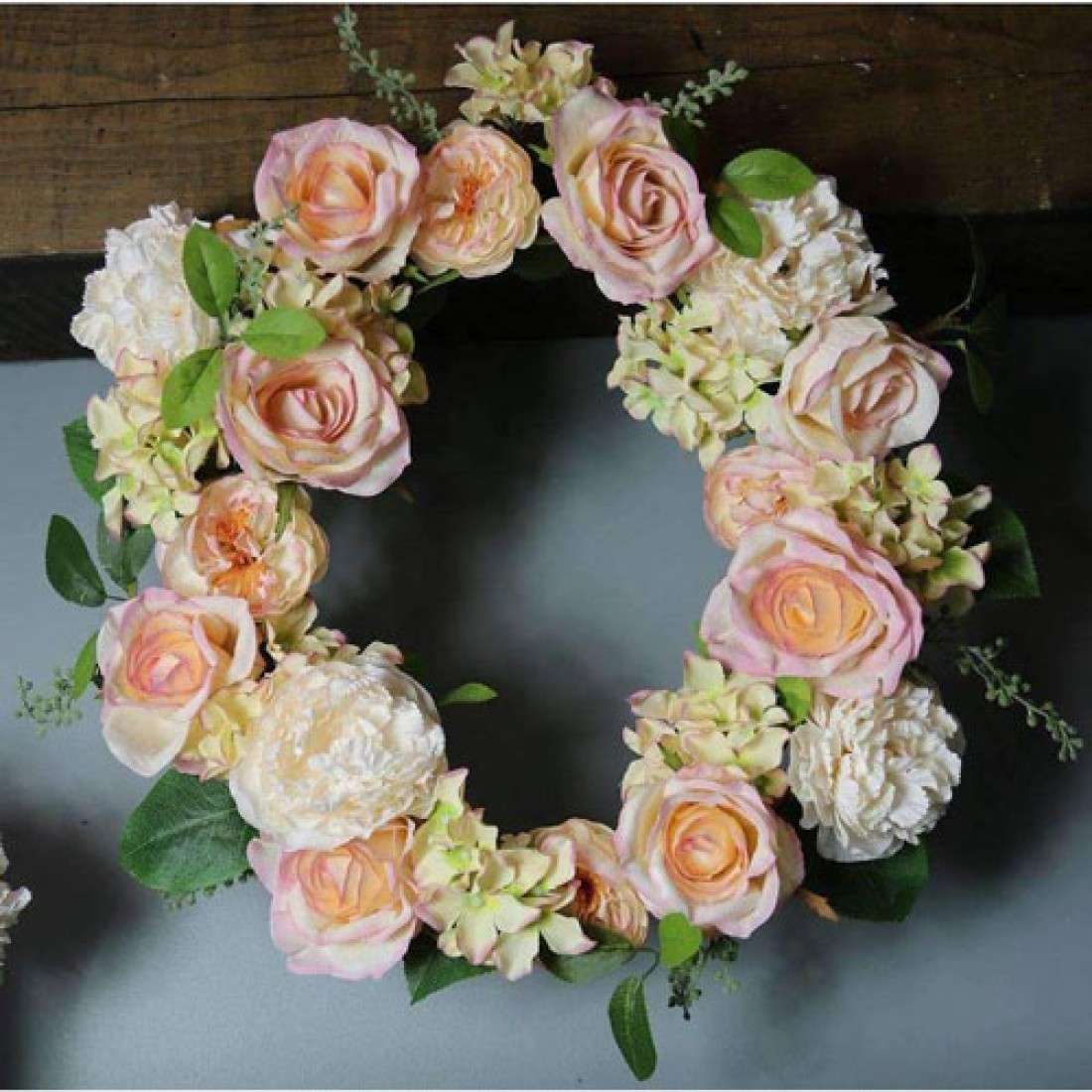 LilyJo Artificial Roses Wreath Blush Pink and Cream Artificial Flowers